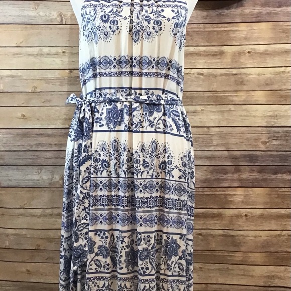 LOFT Blue and White Sundress Sleeveless Scoop Neck - Picture 4 of 8